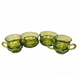 Indiana Glass Avocado Green Vintage Kings Thumbprint 4 Piece Bowls Creamer Sugar